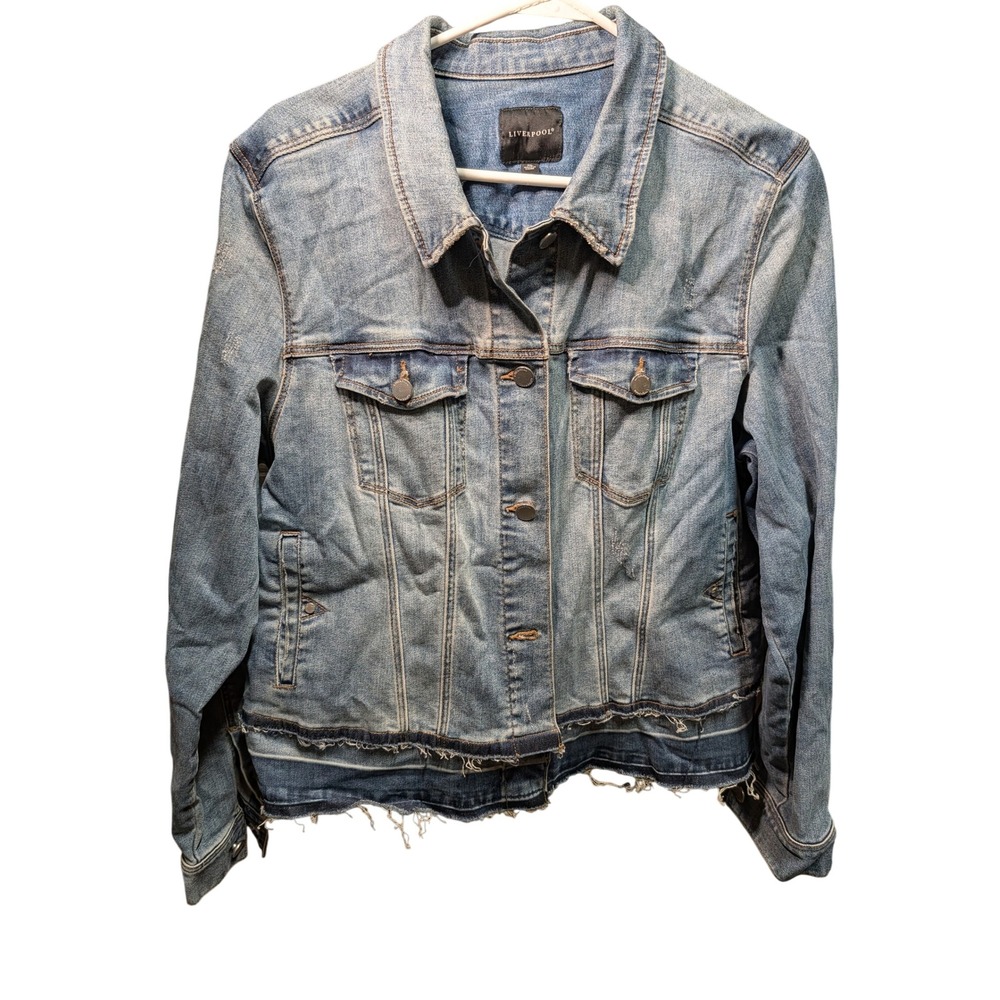 Liverpool Denim Jacket Women XL Blue Good Distressed Raw Hem Trucker